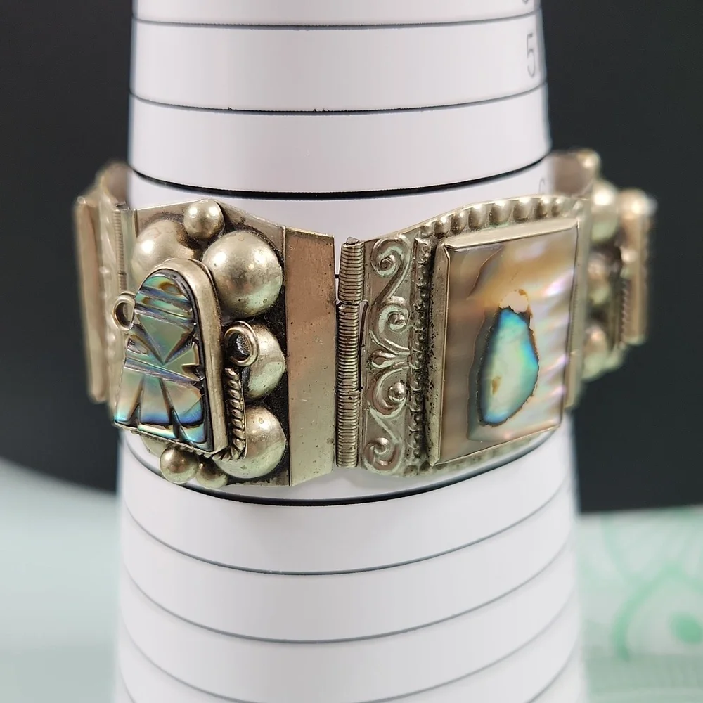 Vintage Taxco Mexico Sterling Panel Bracelet Abalone Mother of Pearl MOP - Picture 8 of 12